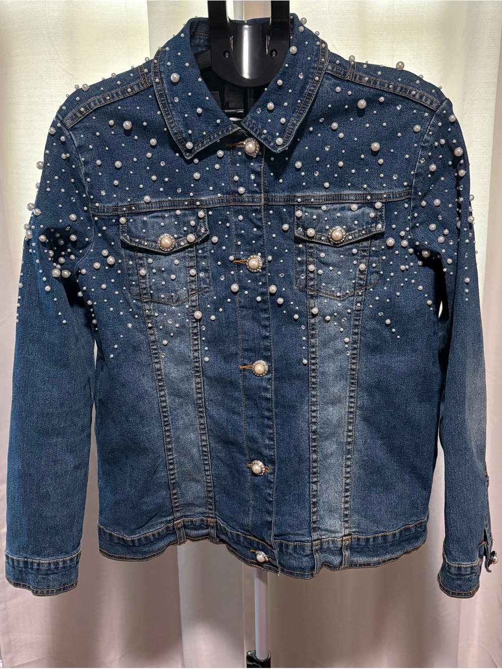 The Quacker Factory Pearl and Rhinestone Embellished Jean Jacket Size Medium
